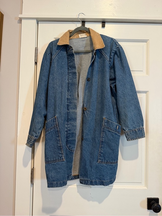 American Profile Jackets & Blazers - Denim Long Trench Coat with TanCollar